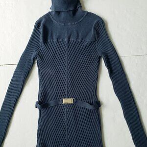 Tracy M Y2K Belted Buckle Rib Knit Cotton Blend Blue Turtleneck Sweater